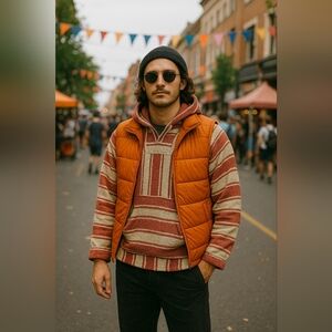 Canyon Creek Baja Hoodie Poncho Red Cream Striped Pullover Unisex Size Large